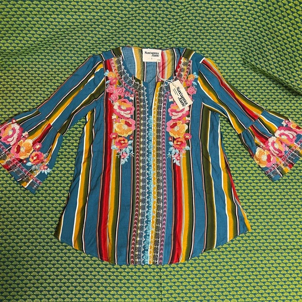 Savanna Jane Embroidered Blouse bell sleeves boho hippie turquoise colorful SZ S - Picture 8 of 11